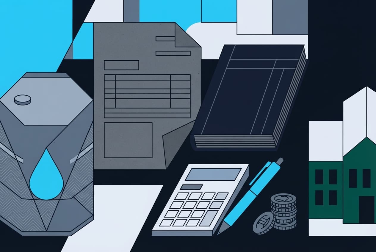 Illustration plate : Document officiel, registre comptable, calculatrice, stylo, pièces de monnaie